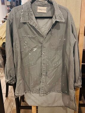 Magnolia Pearl Distressed Gray Paint-Splatter Shirt button up